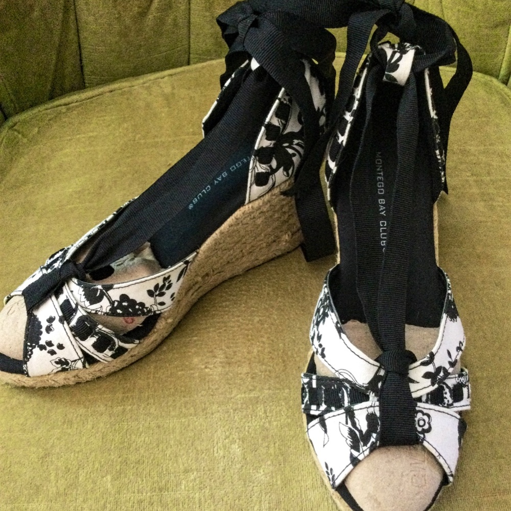 Black and white wedge espadrille sandals, W 6.5